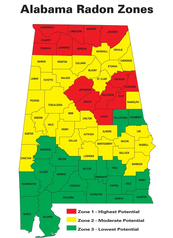 ADPH Radon Zone Map of Alabama